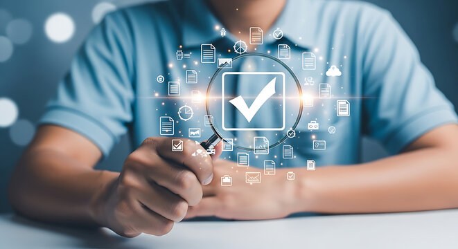 Man holding magnifying glass over glowing checkmark, symbolizing quality assurance, data verification, and efficient digital process analysis in business management