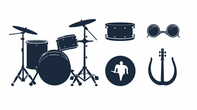 Dark blue silhouetted musical instruments drum set, single drum, glasses, musician, guitar