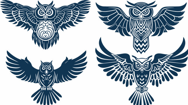 Intricate navy blue owl illustrations in a symmetrical design on a crisp, white background