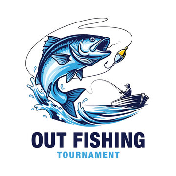 Dynamic fishing tournament illustration: a large fish leaps as a fisherman casts from a boat.