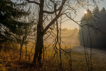 Obraz premium Landscape and houses in early spring morning near Teleci village