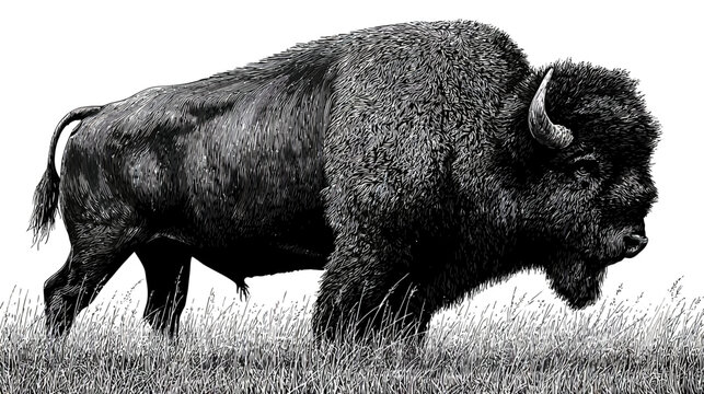 A monochrome illustration of a large bison standing in tall grass, on a white backdrop