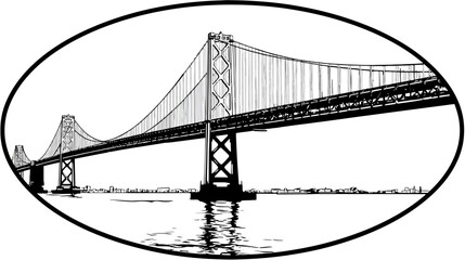 Fototapeta premium A black and white illustration of a suspension bridge with water reflection, in an oval frame