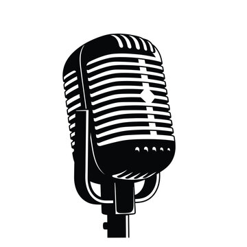 Vintage microphone illustration in black and white with a classic design