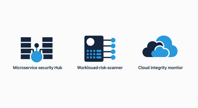 Cloud and security icons: microservice hub, risk scanner, cloud monitoring. icons for it security, data protection, and cloud computing
