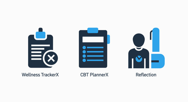 Health and self-care icons: wellness tracker, cbt planner, and reflection