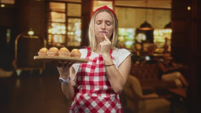 Blonde woman baker holds wooden tray of muffins, finger to chin, wearing red gingham apron and headband, in warm bakery interior; hesitation.