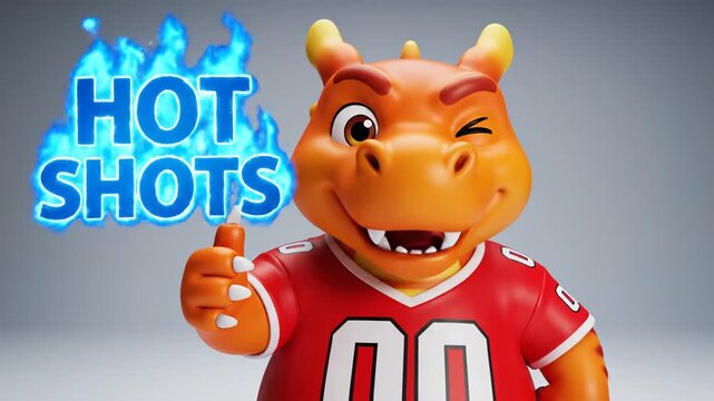 a dragon wearing a flamethrower sports t-shirt with the words "hot shots" on it