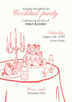 Cocktail party invitation template, hand drawn festive table with tiered cake, candelabra, champagne and figs, romantic red line art on cream, editable wedding event card