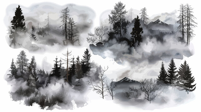 Artistic black and white forest scene with misty mountains and diverse trees