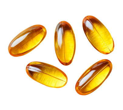 Set of shiny golden capsules or pills isolated on transparent background