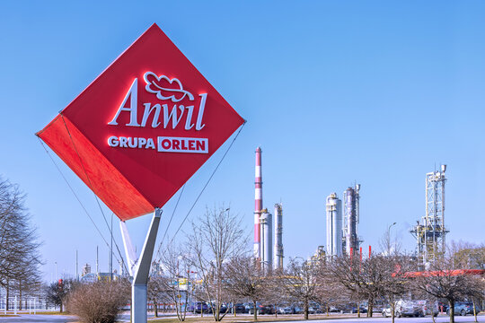 Wloclawek, Poland - March 9, 2026. Anwil logo on a pylon with industrial installations in the background - Anwil SA is a large chemical company making nitrogen fertilizers and PVC products.