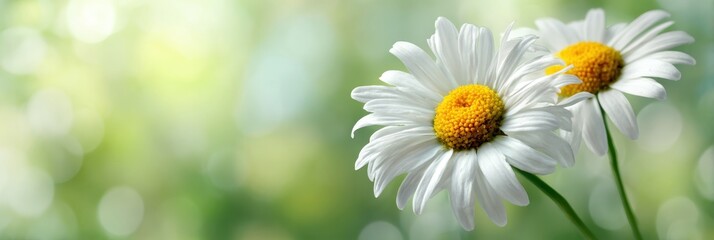 Fototapeta premium Late summer country landscape with daisies meadow and sunbeam. Summer green blur nature background with wild flowers and sunlight bokeh, banner for website. Lovely natural backdrop sunset. Copy space