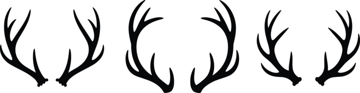 Silhouettes of deer antlers in different styles, vector illustration for hunting, wildlife, nature, decoration, emblem, logo, art, design
