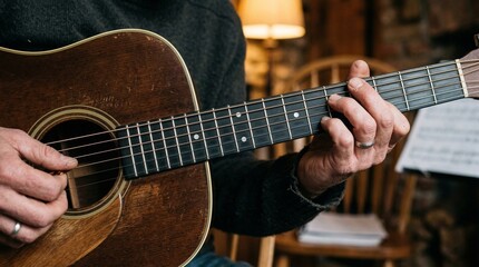 Obraz premium A man plays an acoustic guitar in a cozy room with sheet music.