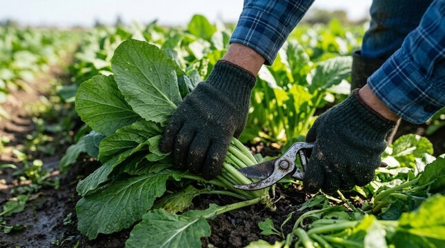 Hands wearing gloves cutting green plants with shears in garden soil