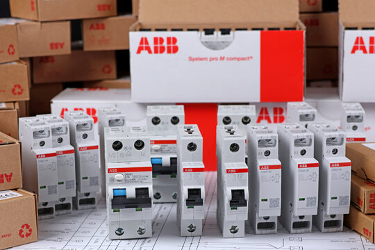 Circuit breakers from ABB to protect electrical loads from short-circuiting. Installed in the electrical control panel. 