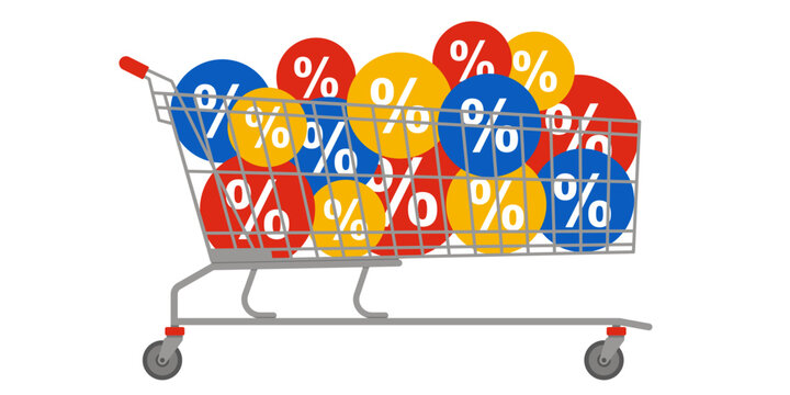 XXL supermarket shopping cart filled with offers and discounts