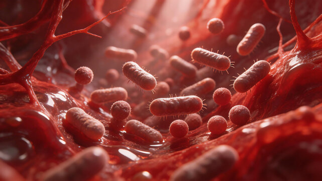 cinematic 3d microscopic illustration of pathogenic bacteria moving through inflamed internal tissue for infection inflammation and medical microbiology concepts