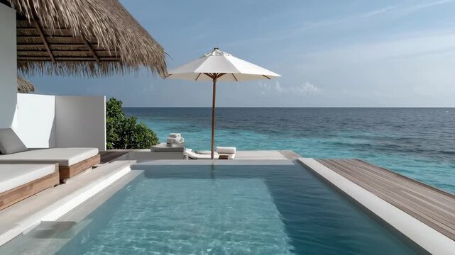 Luxurious tropical villa features an infinity pool overlooking pristine turquoise ocean. Clear blue sky, white sun umbrella, comforting sunbeds, and a thatch roof offer tranquil escape.