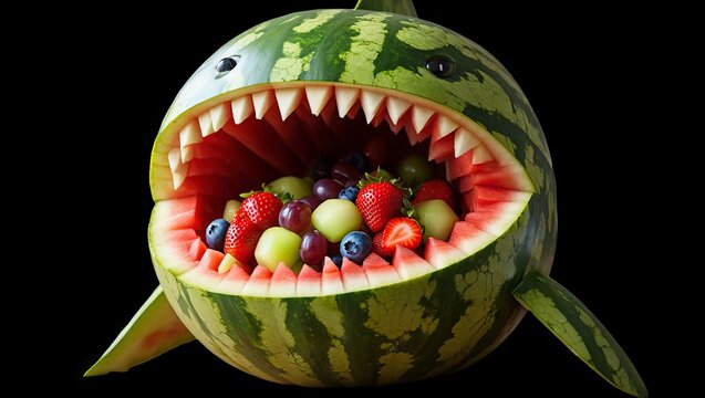 Medium shot of a creative watermelon carved into a shark shape with sharp teeth filled with fresh strawberries and blueberries under bright studio light isolated on white background