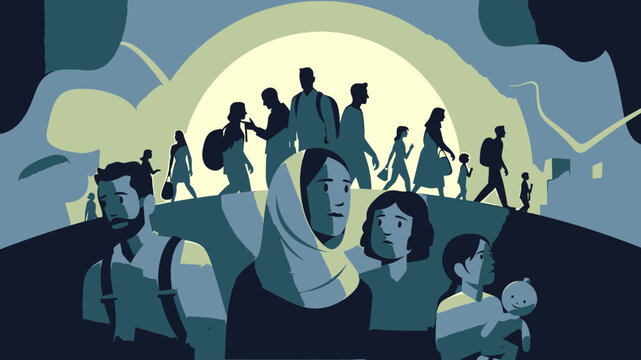 Diverse Group Of People Walking Towards A Bright Horizon vector illustration