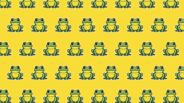Cute Green Frog Character Seamless Pattern Background with Smiling Cartoon Frog Mascot Icons, Kawaii Amphibian Animal Repeat Texture for Kids Nature Wildlife Design, Animated Loopable