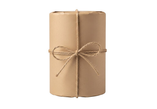 A brown paper parcel wrapped with a string tied in a bow on top isolated on transparent background