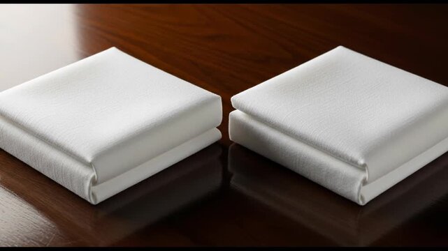 A close-up of two neatly folded white cloth napkins on a dark wooden table