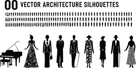 Elegant fashion silhouettes, diverse people vector set, black human figures, vintage clothing style, crowd characters illustration isolated minimalist design collection © Shirina