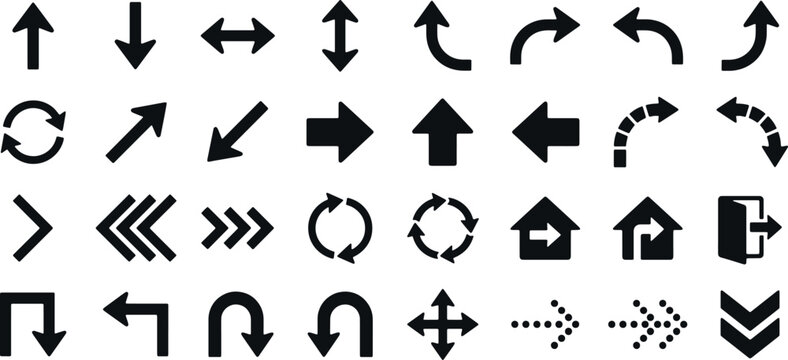 Set of vector arrows in black color. Collection of Arrow icons isolated from background. Icons. Modern simple flat arrows pointing in different directions