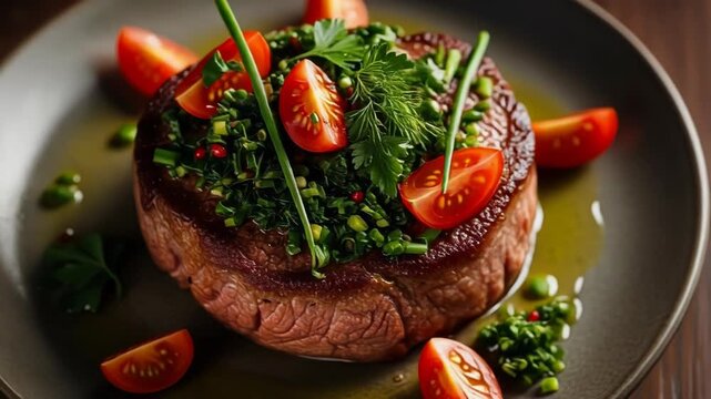 A savory dish featuring a grilled steak topped with a vibrant mixture of chopped vegetables and herbs, served on a dark plate with sliced tomatoes
