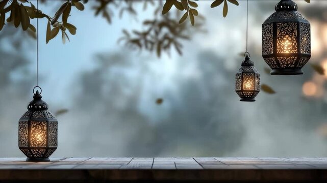 Traditional Hari Raya Aidilfitri celebration, luminous ornate lanterns casting a warm glow on rustic wooden surface, inviting cultural festivity, spiritual blessings, and peaceful evening gatherings