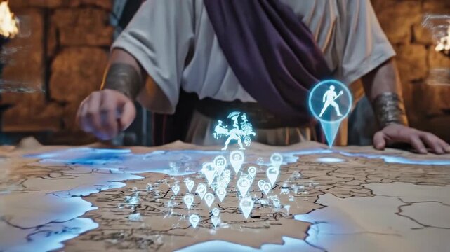 Roman Emperor Planning Strategy on Ancient Map with Holographic Icons