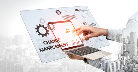 Fototapeta premium Change management strategy combining innovation, globalization, and teamwork to enable business transformation and emotional engagement in modern organizations Vouch