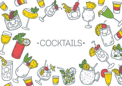 Hand drawn cocktail sketch frame. Whimsical drinks doodles set. Hand drawn vector illustration for menu, packaging design. Cocktails quirky icons, simple sketch style. Partially colored drawing