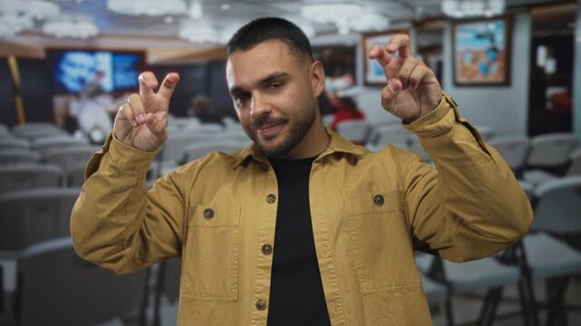 Man wearing yellow jacket holds fingers in air quotes gesture inside building with framed paintings on walls; irony sarcasm.