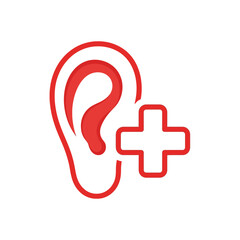 Obraz premium Medical Audiology Icon: Enhanced Hearing Concept with Symbolic Red Ear and Addition Sign