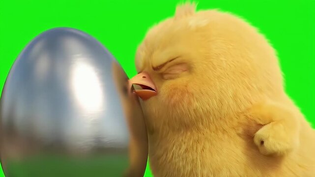 Angry 3D Yellow Chick Throwing Cute Tantrum Next to Metallic Silver Easter Egg on Chroma Key Green Screen 4K