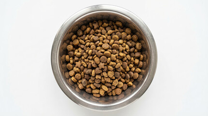 Stainless steel dog food bowl with dry kibble isolated on a white background.