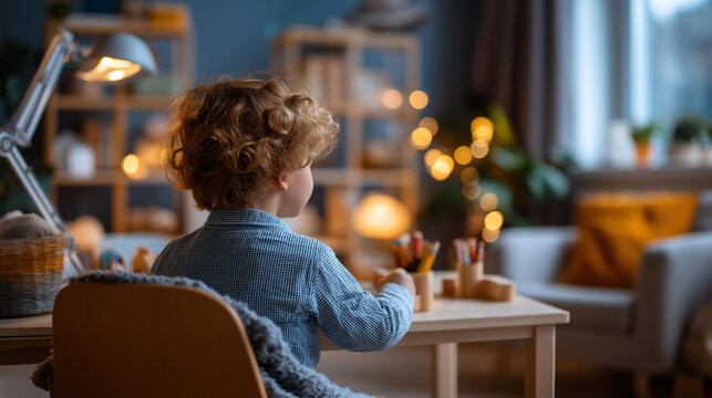 Wide bright child therapy room scene of a young child from behind seated at a small therapy table engaged with age appropriate therapeutic activity materials the cosy