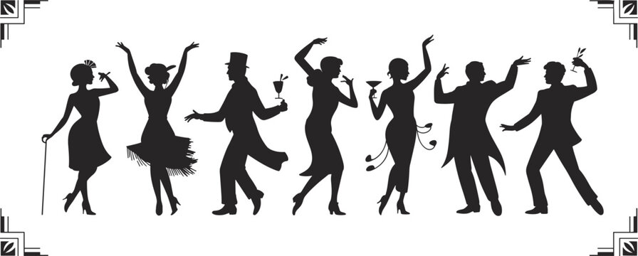 Vintage 1920s jazz age dancing silhouettes, elegant men and women celebrating, art deco style party illustration, retro nightlife theme