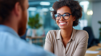 Fototapeta premium Wide bright therapy session of a faceless male patient from behind in a bright clinic office a smiling Black female psychologist in glasses visible from the side across the