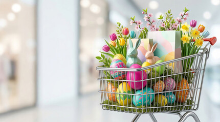 Naklejka premium Shopping cart filled with colorful Easter eggs, tulips, daffodils, and bunny figure. Spring holiday grocery purchase for Easter celebration and decoration
