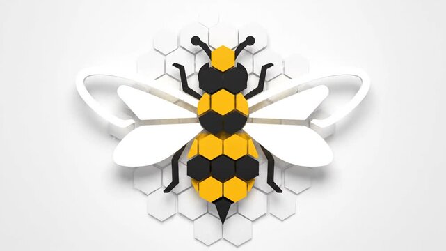 A detailed illustration of a bee hovering above a honeycomb on a white background