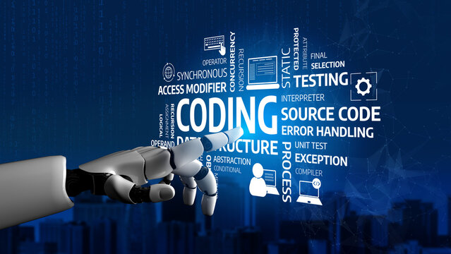A futuristic robot hand points at various coding and programming terminologies, symbolizing the intersection of technology and software development in a digital space. Tessel
