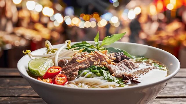 Delicious Bowl of Vietnamese Pho Soup With Beef, Noodles, Herbs, Lime, and Chili on a Wooden Table With Blurred Market Lights