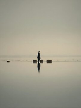 Pescatore di ostriche francese in piedi in acque basse che posiziona a mano i cesti di ostriche
