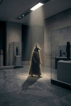 Anubis Walking Through Modern Museum Hall, Ancient Egyptian God in Contemporary Art Gallery