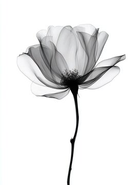 Fotografia radiografica di una rosa con contorni neri su sfondo bianco. Effetto surreale.
